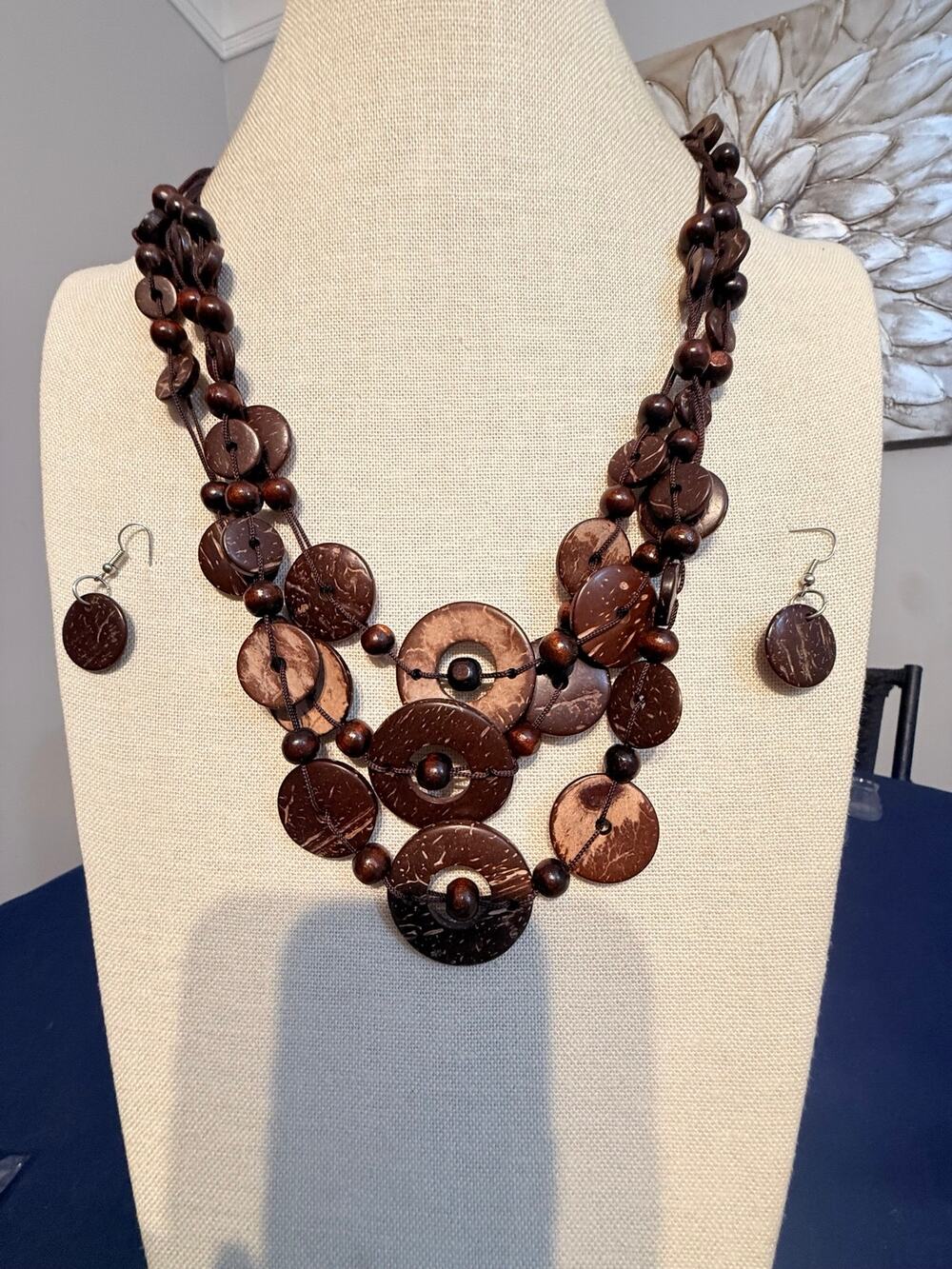 22-28" Lightweight Faux Wood Necklace Earrings Set